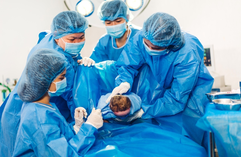 doctor medical team and assistant is performing baby cesarean section and hold the newborn baby
