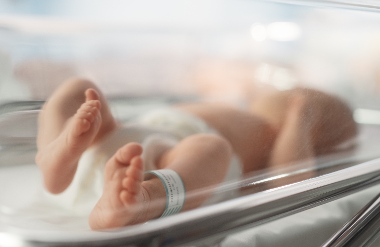 Newborn baby lying in bassinet