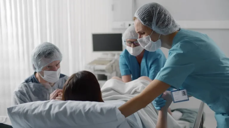 Medical professionals in blue scrubs and masks assisting a patient in a hospital bed.